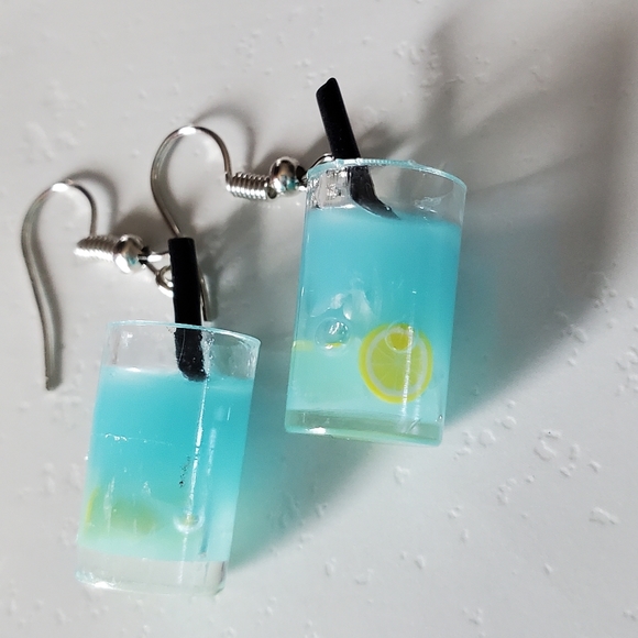 Blue drink with lemon slices Dangle Earrings - Picture 4 of 9